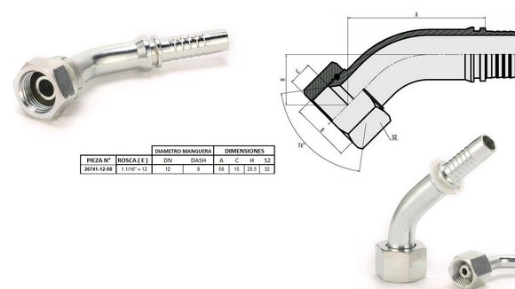 Imagen de HEMBRA CURVA 45° JIC 1.1/16'' UN X 12F 08 MANG.1/2''
